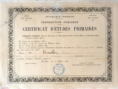 Zertifikat der Grundschulbildung, Akademie von Lille, 1898 von French School