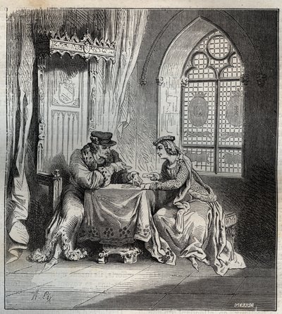 Karl VI. (1380-1422) und Odette de Champdivers - König Karl VI. von Frankreich, bekannt als Karl der Gute Aime, dann Karl der Verrückte (1368-1422) mit seiner Geliebten Odinette (Odette) de Champdivers (circa 1390-um 1425) beim Kartenspielen Gravur in „Par von French School