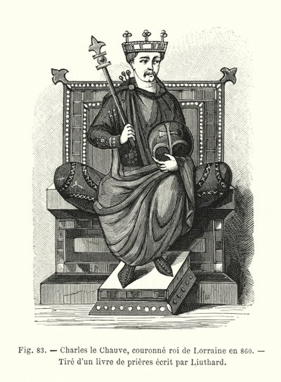 Karl der Kahle, 860 zum König von Lothringen gekrönt, aus einem Gebetbuch von Liuthard (Gravur) von French School