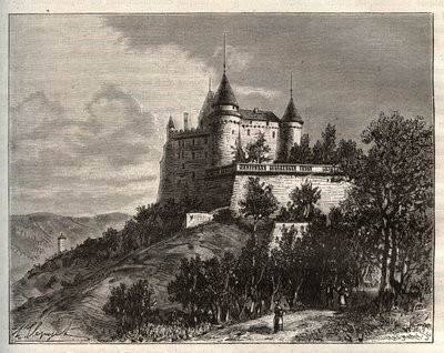 Schloss Mercues - Cahors - Gravur in „La France illustrée: géographie, histoire, administration statistique“ von V.-A. Malt-Brown. 1884. von French School
