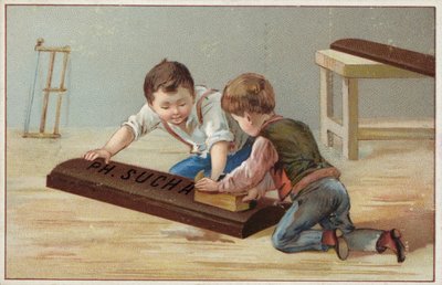 Kinder bauen eine große Holzschokoladentafel, Werbung für Suchard Schokolade von French School