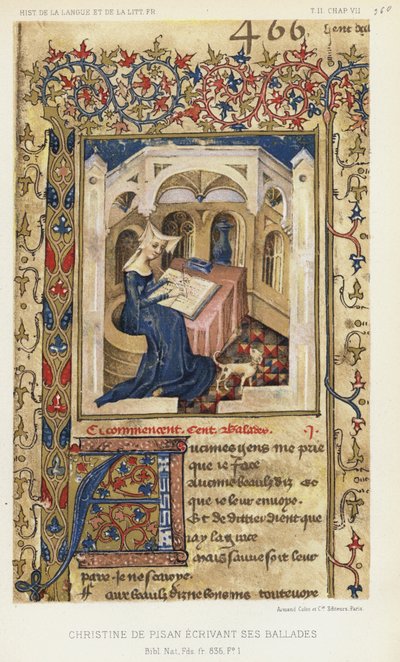 Christine De Pisan schreibt ihre Balladen (Farblithografie) von French School
