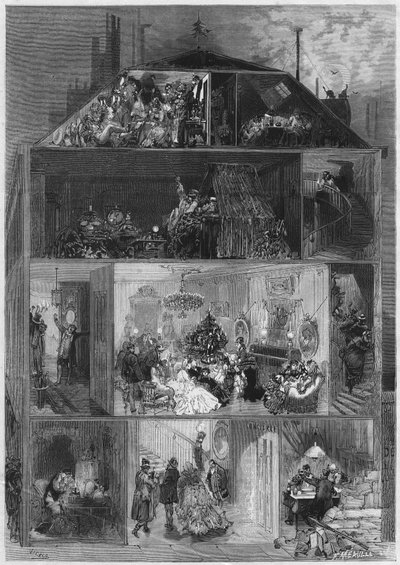 Heiligabend: Querschnitt eines Pariser Gebäudes, das verschiedene Arten zeigt, Silvester zu feiern. Gravur in „Le Monde Illustré“ Nr. 810 vom 19. Oktober 1872 von French School
