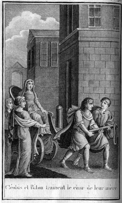 Kleobis und Biton, argivische Zwillingsbrüder, Söhne von Kydippe, Priesterin der Hera. Sie sind das Symbol der kindlichen Liebe. Sie sterben vor Erschöpfung, nachdem sie den Wagen ihrer Mutter von Argos zum Heiligtum der Hera bei Mykene gezogen haben. In „ von French School