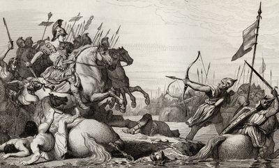 Clodion, der Haarige (ca. 428-47) zieht sich nach seiner Niederlage gegen Aetius über die Brücke zurück, aus 