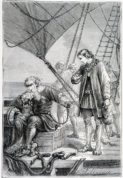 Kolumbus als Bösewicht gefesselt (auf dem Schiffsdeck), Illustration Entdeckung der Erde von Jules Verne, ed. Hetzel, 19. Jahrhundert von French School