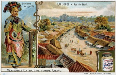 Korea: Straße in Seoul und Frauenkostüm - Chromolithografie Liébig, ca. 1900 von French School