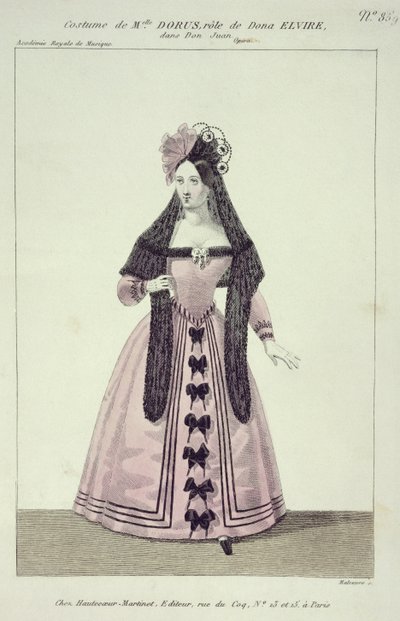 Kostüm für Mademoiselle Dorus in der Rolle der Donna Elvira in Don Giovanni, graviert von Maleuvre, gedruckt von Hautecoeur-Martinet von French School