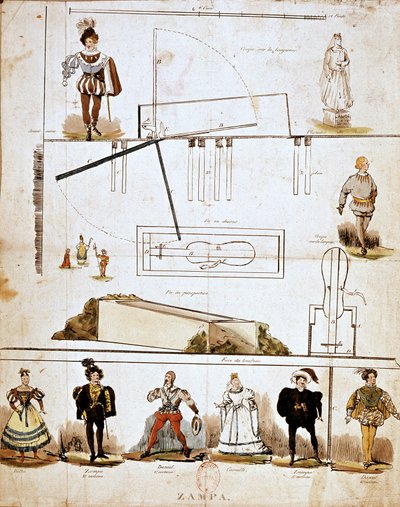 Kostüme und Bühnenbilder für die Oper „Zampa oder die Marmorbraut“ von Ferdinand Herold (1791-1833) von French School