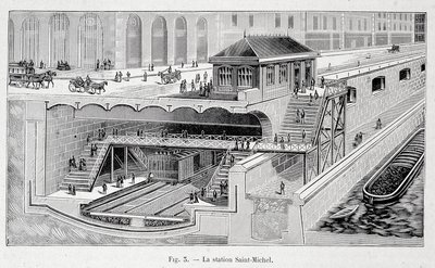 Schnitt der Metrostation St. Michel in Paris in „La nature“ 1899 von French School