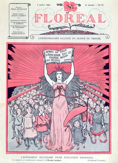 Cover der Zeitschrift Floreal zum vierzigsten Jahrestag der Ecoles Laiques in Frankreich, 2. Juli 1921 von French School