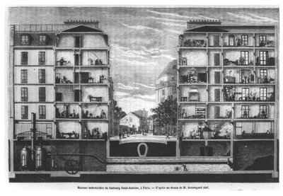 Querschnitt von Industriehäusern am Faubourg Saint-Antoine in Paris, Illustration aus Le Magasin Pittoresque, 1885 von French School