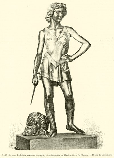 David, Sieger über Goliath, Bronzestatue von Andrea Verocchio, im Nationalmuseum von Florenz (Stich) von French School