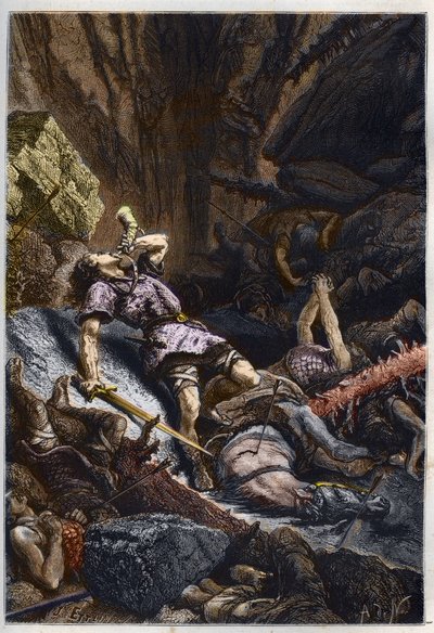 Tod des Ritters Roland, Neffe von Karl dem Großen, in der Schlacht von Roncevaux (778), die die Armee von Karl dem Großen und die Sarazenen gegeneinander stellte - Tod von Roland in der Schlacht am Roncevaux-Pass, 778 - Gravur aus „L