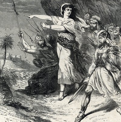 Deborah führt das von Jabin, dem König von Kanaan, unterdrückte Volk Israel in den Kampf. Gravur aus 