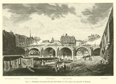 Abriss der Häuser auf der Pont Notre-Dame im Jahr 1786, nach einem Aquarell von Demachy von French School