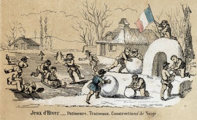 Beschreibung der Freizeit und Spiele von Kindern: Winterspiele, Schlittschuhlaufen, Rodeln und Schneebau. Tafel „Die Spiele der Kindheit“ in „les Recreations instructives“ Synoptisches Gemälde von Jules Delbruck, Gravur von 1860. Private Sammlung von French School