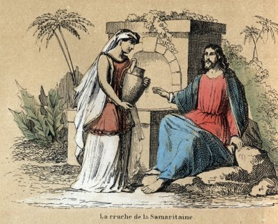 Beschreibung der verschiedenen Herstellungsschritte und Verwendungen von Ton: Jesus und die Samariterin tragen einen Tonkrug in der Bibel. Tafel „Der Ton und seine Produkte“ in „Les Recreations instructives“. Synoptisches Gemälde von Jules Delbruck, Gravur von French School
