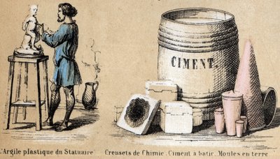 Beschreibung der verschiedenen Herstellungsstufen und Verwendungen von Ton: Ein Bildhauer formt Ton und verwendet ihn für Zement und Erdmuster. (The clay and its products) von French School