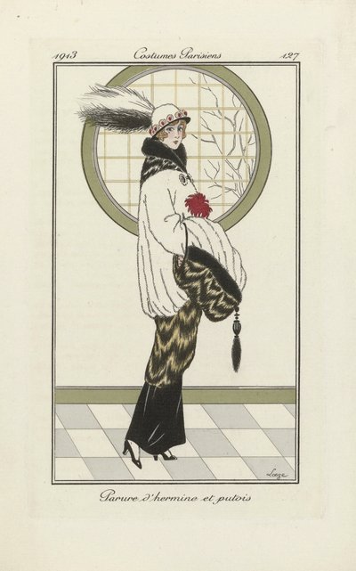 Entwurf für Hermelin- und Iltis-Ensemble, aus Costumes Parisien, veröffentlicht 1913 (Pochoir-Druck) von French School