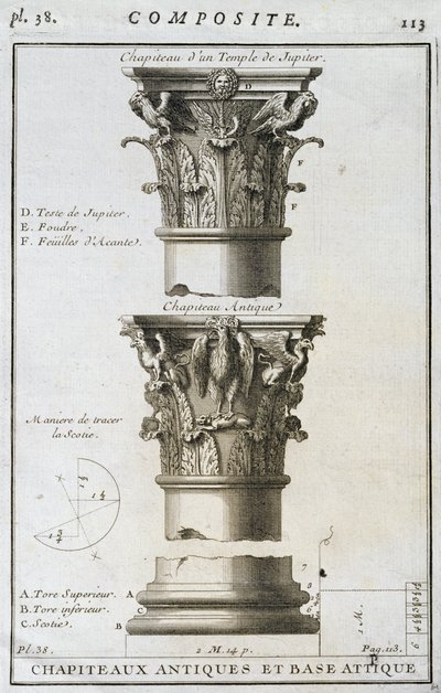 Entwurf für ein antikes Kapitell und eine Basis aus einem Tempel des Jupiter von French School