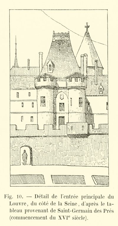 Detail des Haupteingangs des Louvre, von der Seite der Seine, nach dem Gemälde aus Saint-Germain des Prés, Anfang des 16. Jahrhunderts von French School
