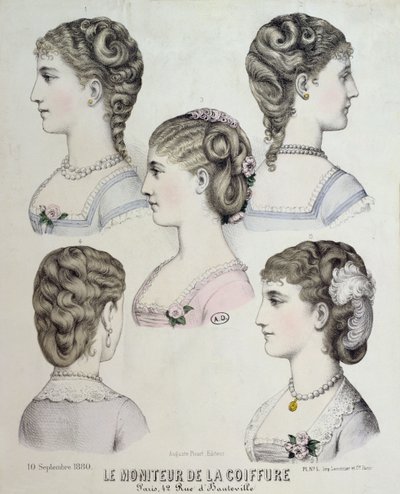 Verschiedene Frisuren, Tafel aus Le Moniteur de la Coiffure, 1880 von French School