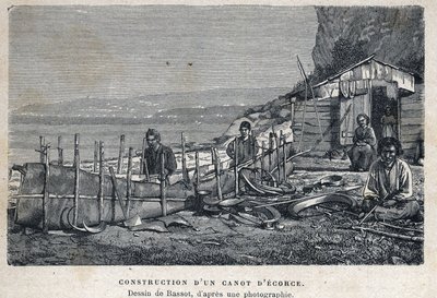 Entdeckung Kanadas: Bau eines Birkenrindenkanus. Zeichnung von Bassot nach Fotografie. In „La nouvelle France“ von Eugene Guenin von French School