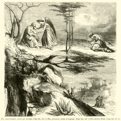 Elia in der Wüste, von einem Engel genährt, Elia, niedergeworfen, hört den Herrn, Elia nimmt Elisa mit von French School