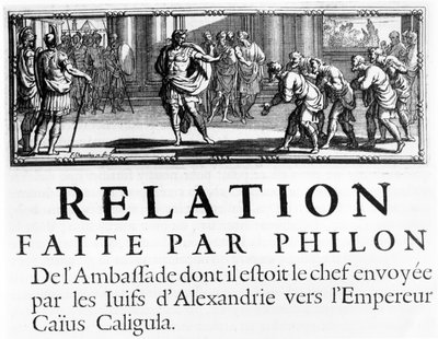 Gesandtschaft des Philo zum römischen Kaiser Gaius Caligula, Kapitelüberschrift Illustration aus Histoire de la Guerre des Juifs contre les Romains von Flavius Josephus, veröffentlicht in Paris, 1688 von French School