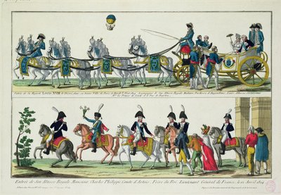 Einzug in Paris von Charles, Graf von Artois, 12. April 1814, und Einzug in Paris von Ludwig XVIII., König von Frankreich und Navarra, 3. Mai 1814 von French School