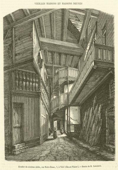 Treppe aus dem sechzehnten Jahrhundert, Rue Notre-Dame, 7, in Vitre, Ille-et-Vilaine (Gravur) von French School