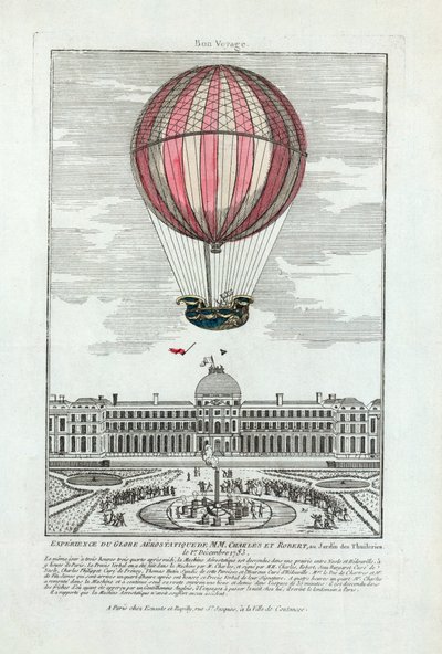 Erfahrung des Heißluftballons von MM. Charles und Robert im Jardin des Tuileries am 1. Dezember 1783, veröffentlicht 1783 von French School