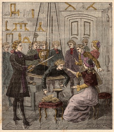 Experiment zur Elektrizität von Abbe Jean Antoine (Jean-Antoine) Nollet (1700-1770) - Elektrisches Experiment an einem Mann durchgeführt von Abbe Jean Antoine Nollet (1700-70) in einem Physikerkabinett - Gravur in „Sciences à la gratete de tous - physics e von French School