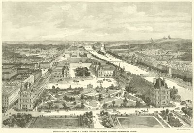 Ausstellung von 1889, Ansicht des Place du Carrousel mit dem geplanten Garten auf dem Gelände der Tuilerien von French School