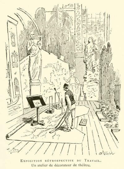 Retrospektive Ausstellung der Arbeit, eine Theaterdekorationswerkstatt (Gravur) von French School