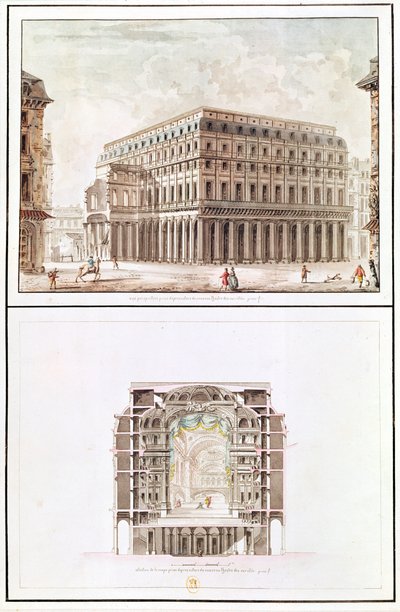 Außen- und Querschnitt des Innenraums des Théâtre des Variétés, 6 rue de Richelieu von French School