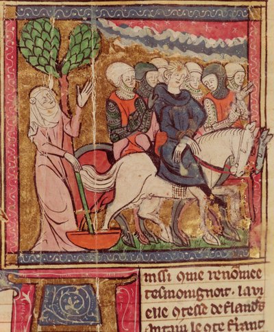 F.288r Ferdinand von Portugal (1186-1233) Graf von Flandern als Gefangener nach Paris gebracht nach der Schlacht von Bouvines, 27. Juli 1214, Grandes Chroniques de France, 1375-79 von French School