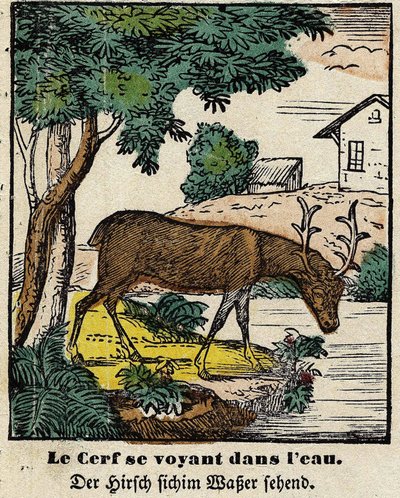 Fabeln von La Fontaine: Der Hirsch, der sich im Wasser sieht (Bild von Epinal, erste Hälfte des 19. Jahrhunderts) von French School