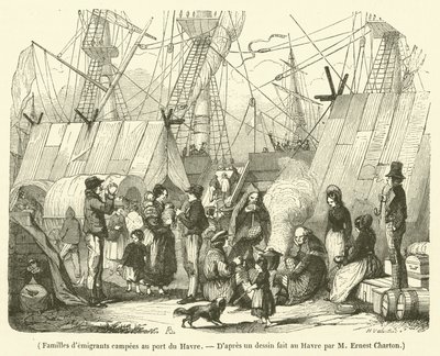 Familien von Auswanderern im Hafen von Le Havre (Gravur) von French School