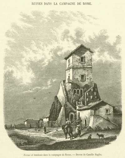 Bauernhof und Grab in der Landschaft von Rom von French School