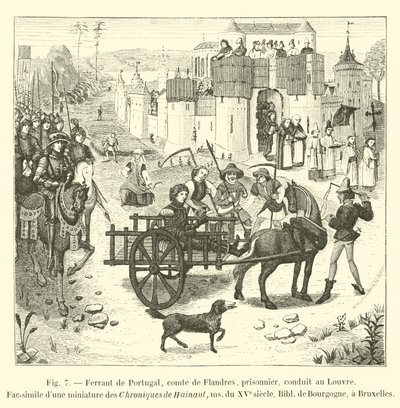 Ferrant von Portugal, Graf von Flandern, Gefangener, zum Louvre gebracht, Faksimile einer Miniatur aus den Chroniken von Hainaut, Manuskript des 15. Jahrhunderts, Bibliothek von Burgund, in Brüssel von French School