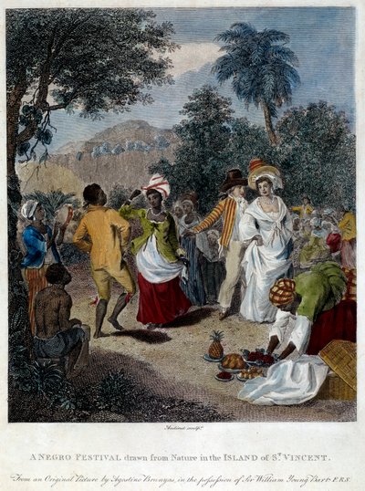 Schwarzes Fest auf der Insel Saint Vincent (Mittelamerika, Antillen). Gravur des 19. Jahrhunderts von French School