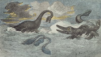 Kampf zwischen einem Plesiosaurus und einem Ichthyosaurus in der Lias- oder Jurazeit, 1880 von French School