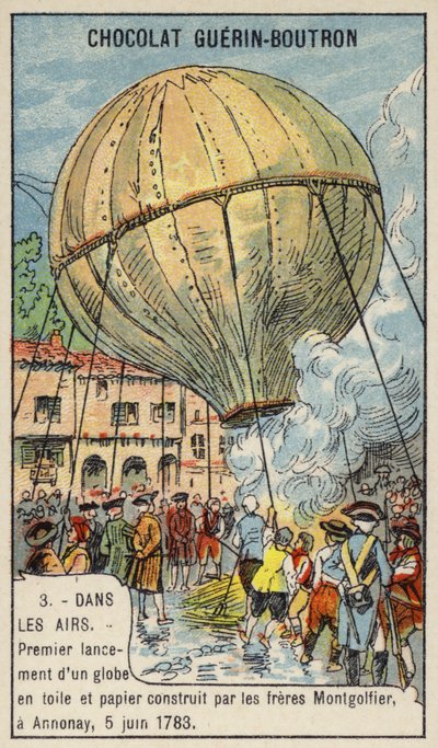 Erster Start eines Heißluftballons durch die Brüder Montgolfier, Annonay, Frankreich, 5. Juni 1783 (Chromolithografie) von French School