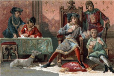 Zur Ablenkung spielte der König von Frankreich Karl VI. (1368-1422) Karten. Chromolithographie um 1890. von French School