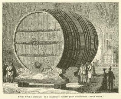 Champagnerfass mit einem Fassungsvermögen von fünfundsiebzigtausend Flaschen, Maison Mercier (Stich) von French School