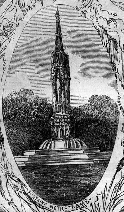 Brunnen von Paris: Ansicht des Brunnens der Jungfrau (Notre Dame Brunnen) (um 1845). Gravur in „Le Monde Illustré“ Nr. 254 vom 22. Februar von French School