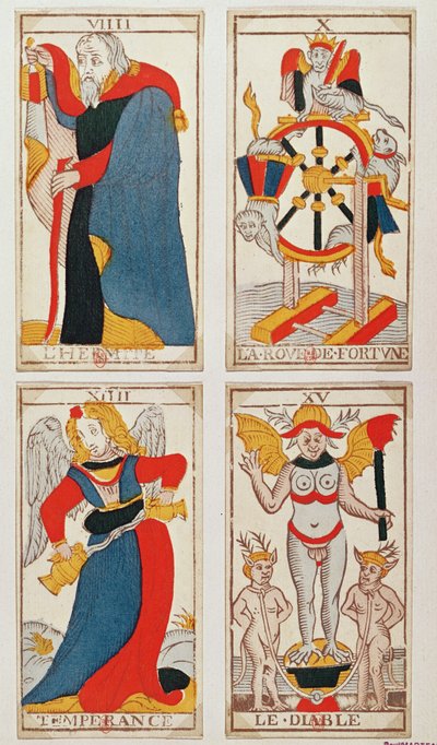 Vier Tarotkarten, die Der Einsiedler, Das Rad des Schicksals, Mäßigkeit und Der Teufel darstellen (farbiger Holzstich) von French School