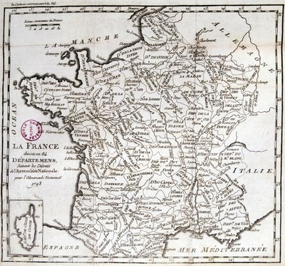 Frankreich in 84 Departements unterteilt nach den Dekreten der Nationalversammlung von 1793 von French School